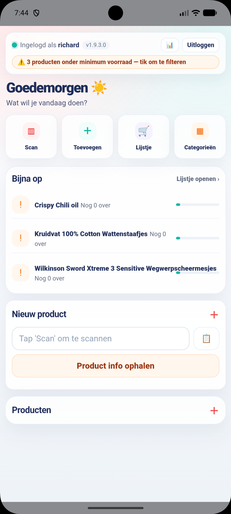 PakHuis dashboard scherm